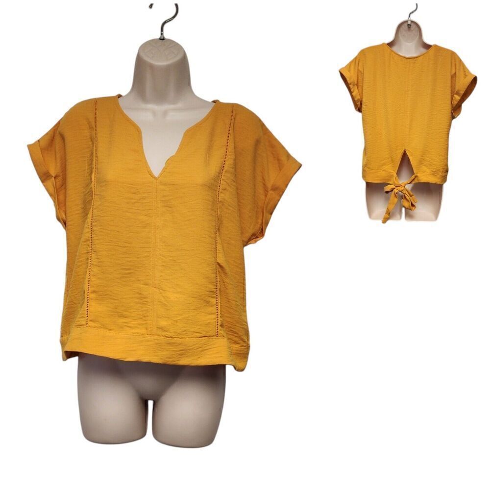 Janetchun Top Womens Yellow Linen Short Sleeve Casual Blouse Size Large